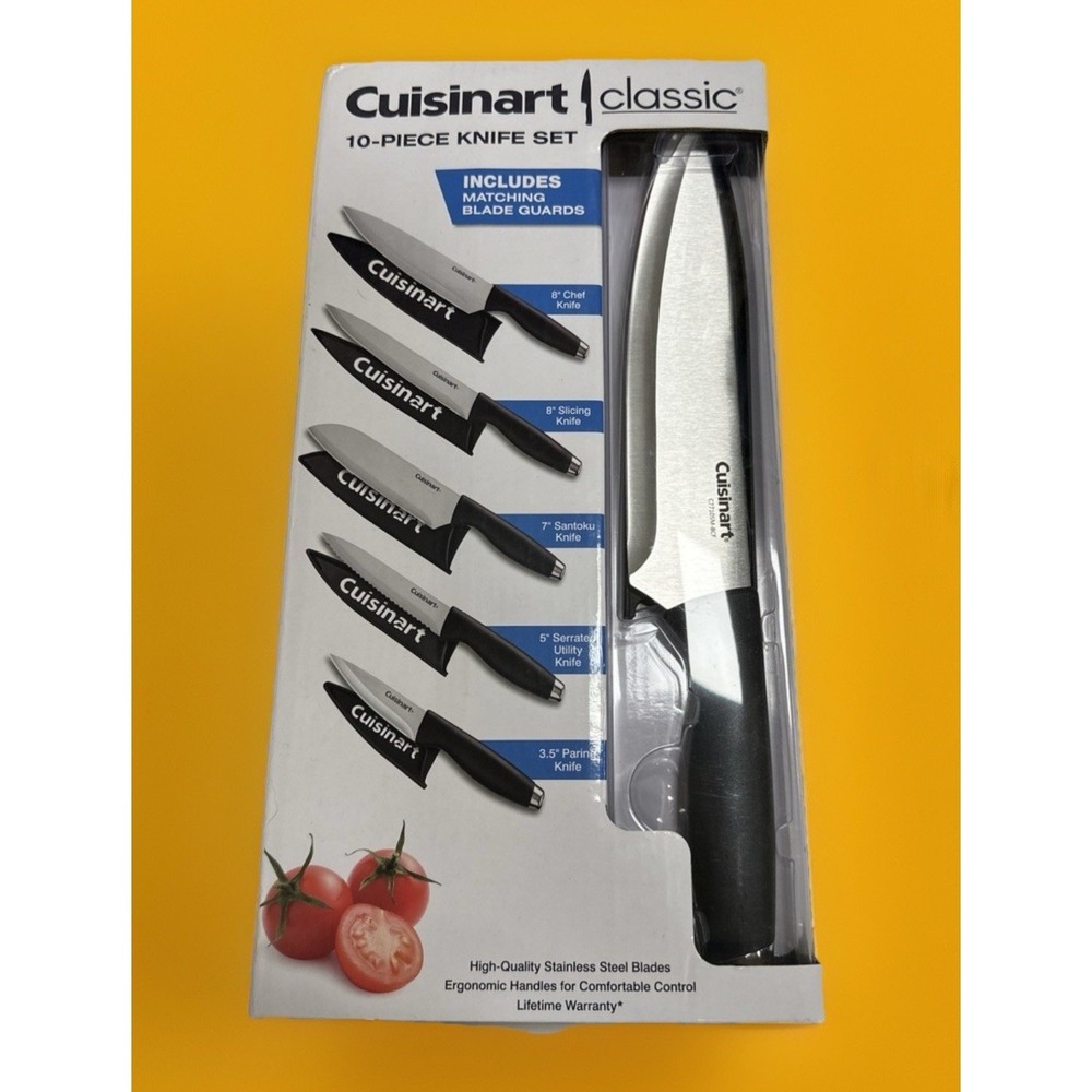 NEW Cuisinart Classic 10 Pc Knife Set C77-10SM Chef Santoku Serrated Knives